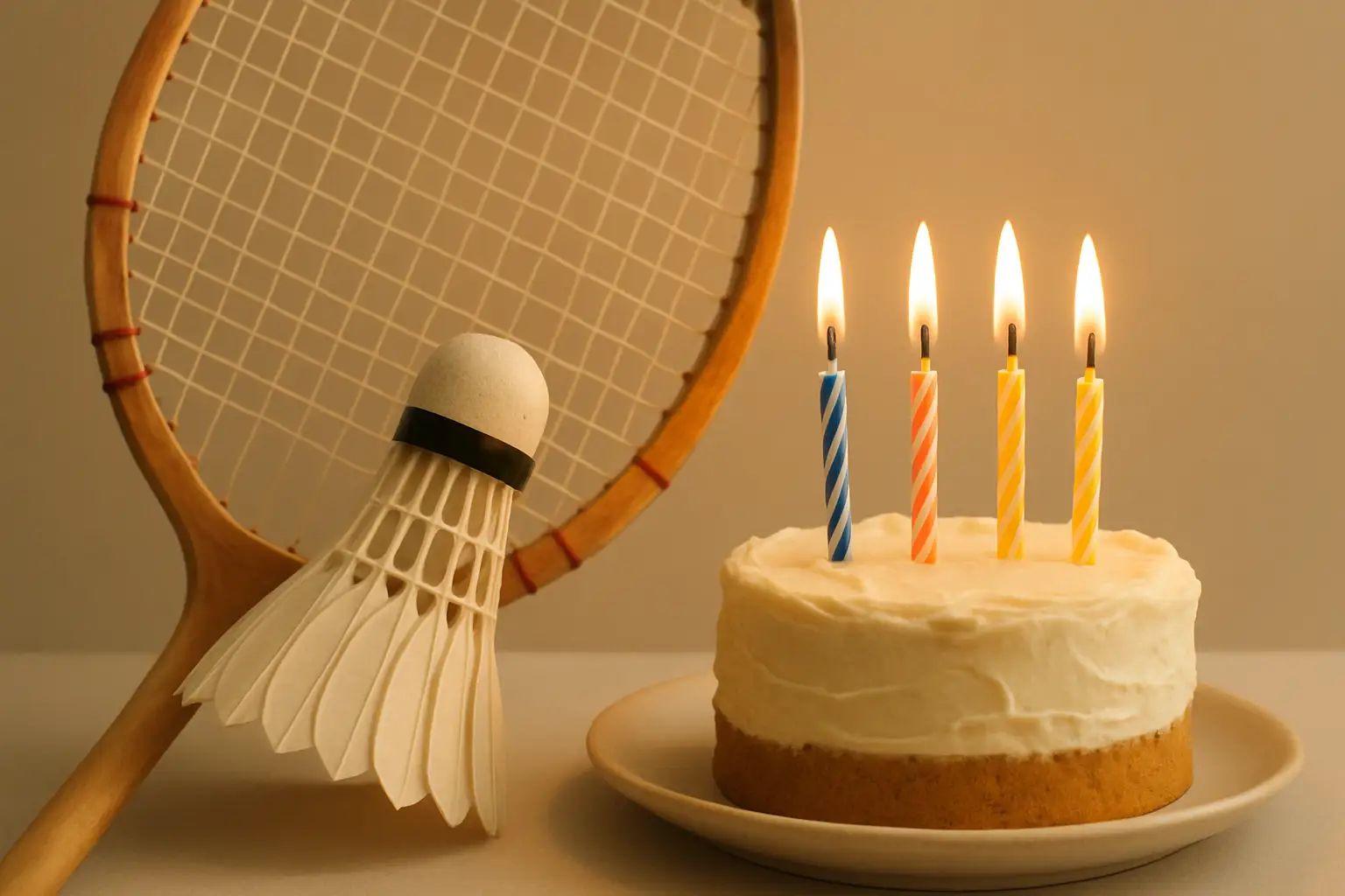 A badminton racket and shuttlecock placed beside a birthday cake on a wooden table