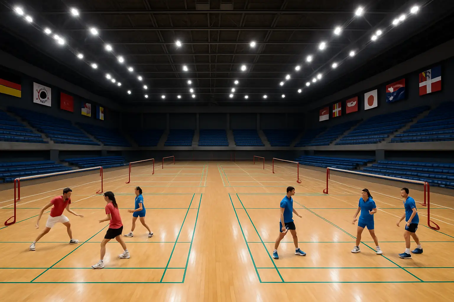 Young badminton players competing in a large indoor sports hall during an international school championship