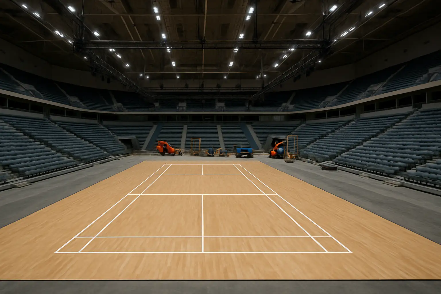 A large indoor badminton arena being renovated with new court surfaces and modern lighting rigs installed overhead