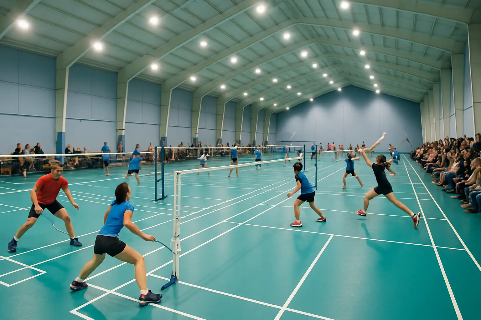Badminton players competing on an indoor court during a state-level tournament