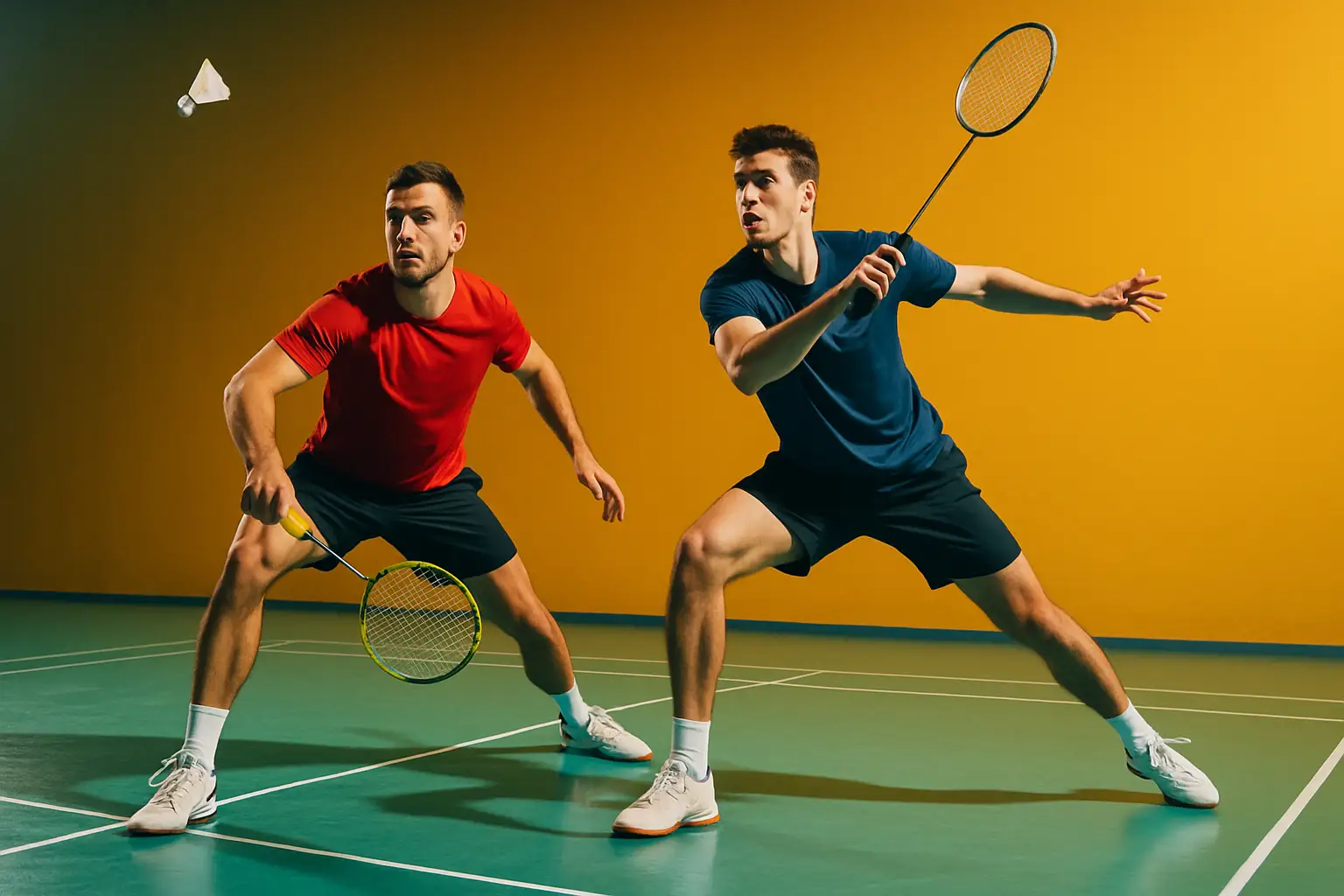 Two badminton doubles partners moving in sync during a fast rally on an indoor court