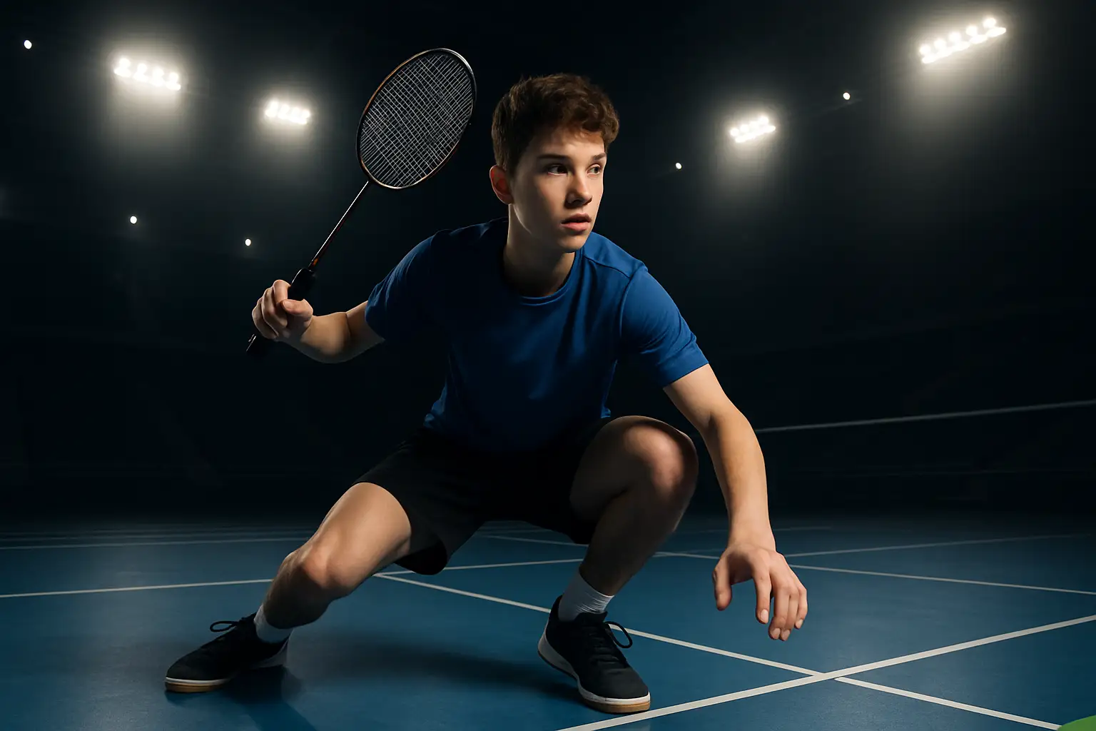 Young badminton player preparing to serve on an indoor court with an Asian city skyline visible through large windows