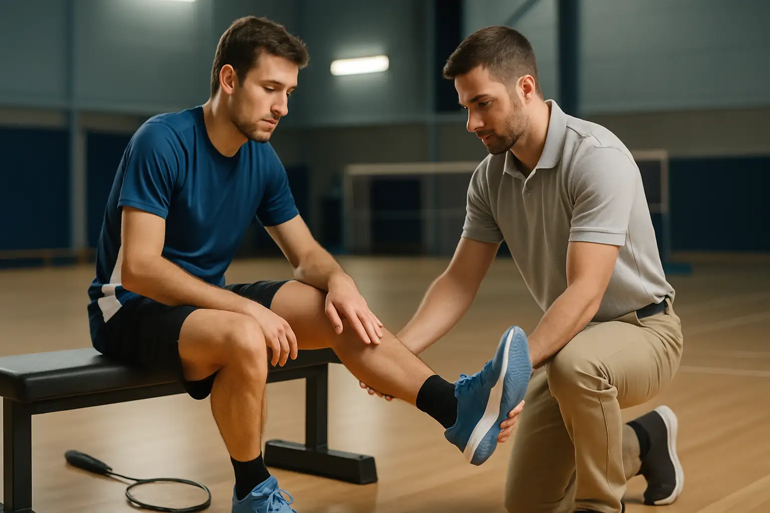 A badminton player sitting courtside during recovery, with a physiotherapist nearby