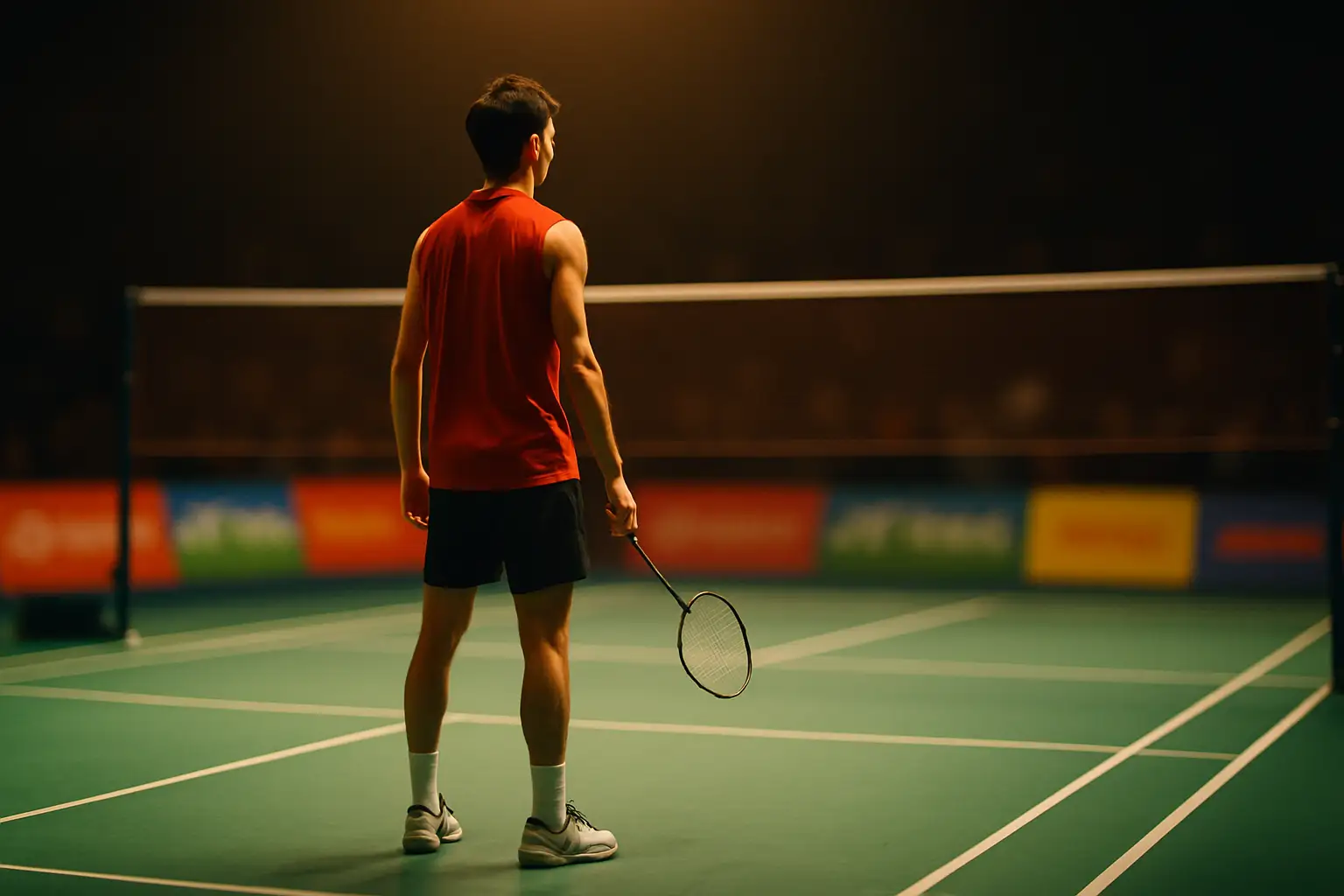 A badminton player holding a racket on a bright indoor court with sponsor banners in the background