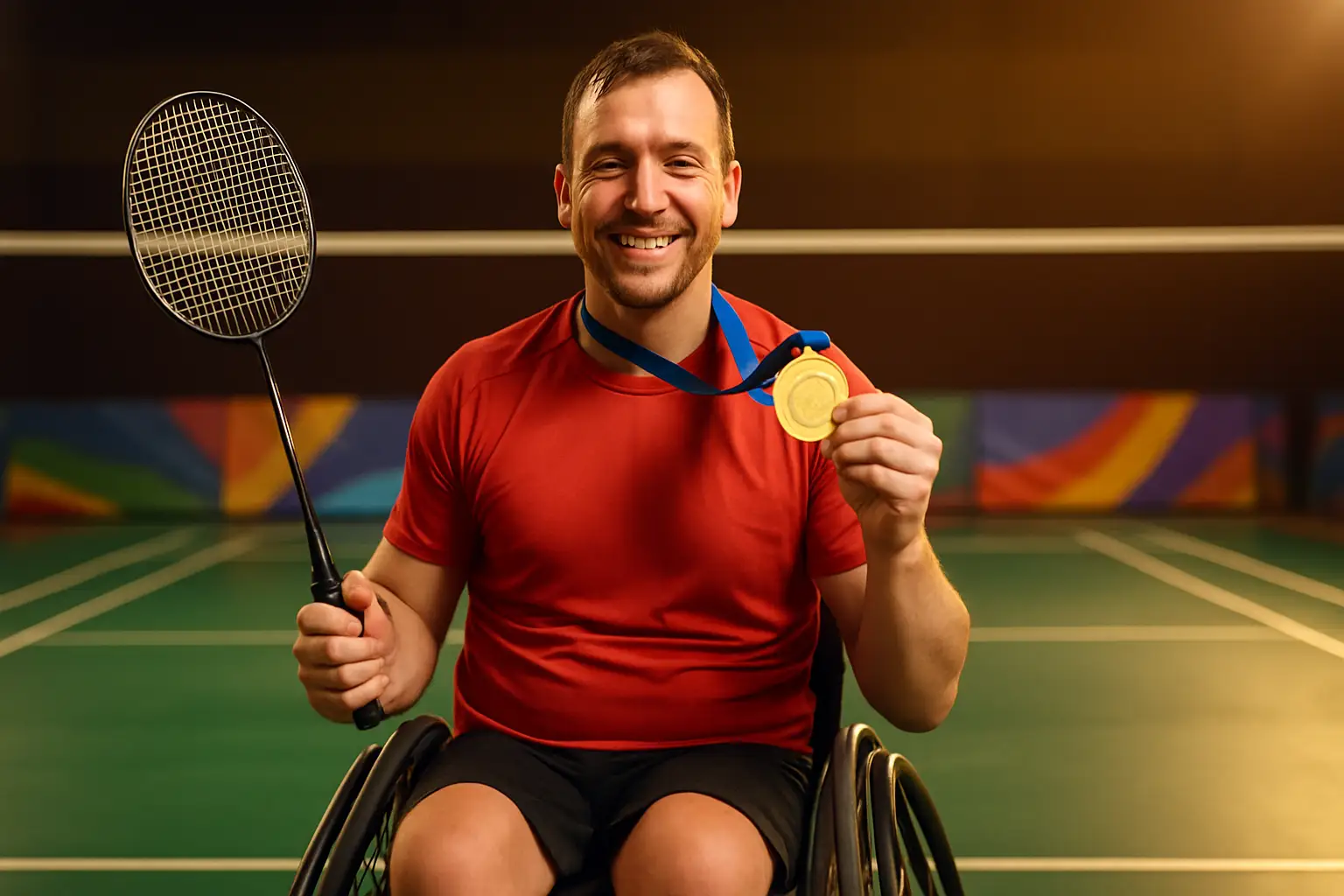 A para-badminton player celebrating a gold medal win on an indoor court