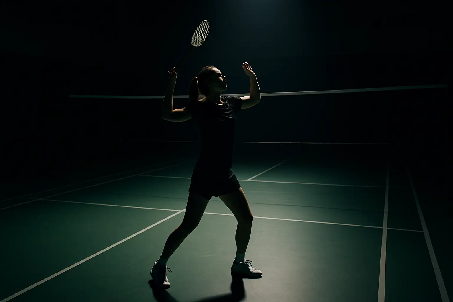 A female badminton player preparing to smash a shuttlecock during a competitive match