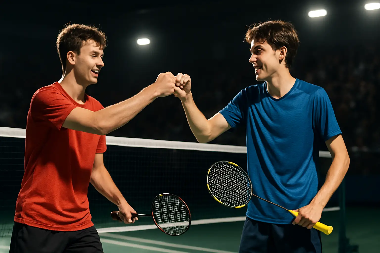 Two badminton players celebrating a doubles victory on an indoor court