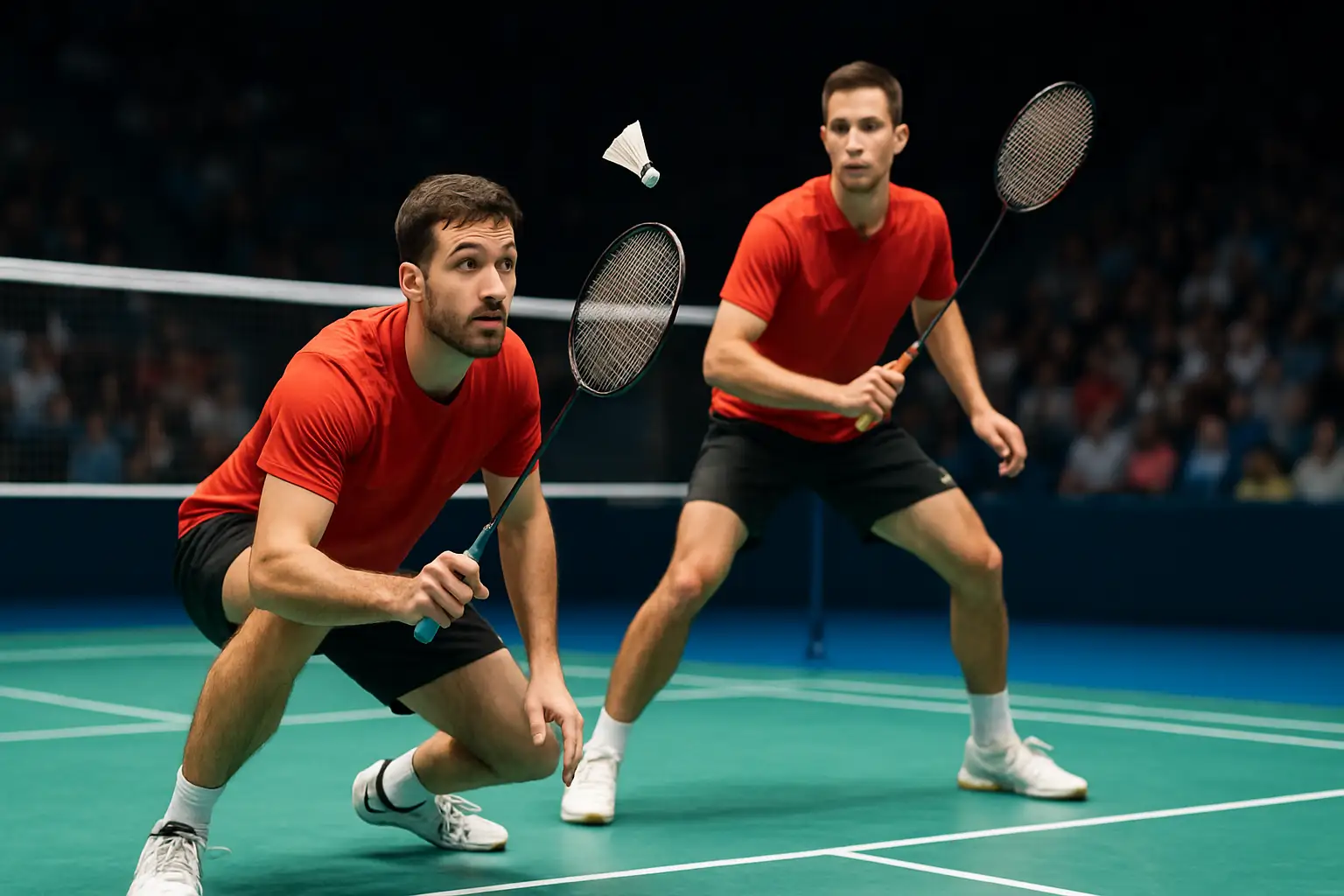 Two badminton players in action on an indoor court, preparing to return a shuttlecock in a doubles match
