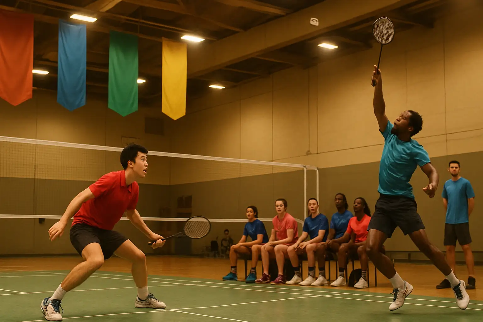 Deaf badminton players competing on an indoor court at a multi-discipline games event
