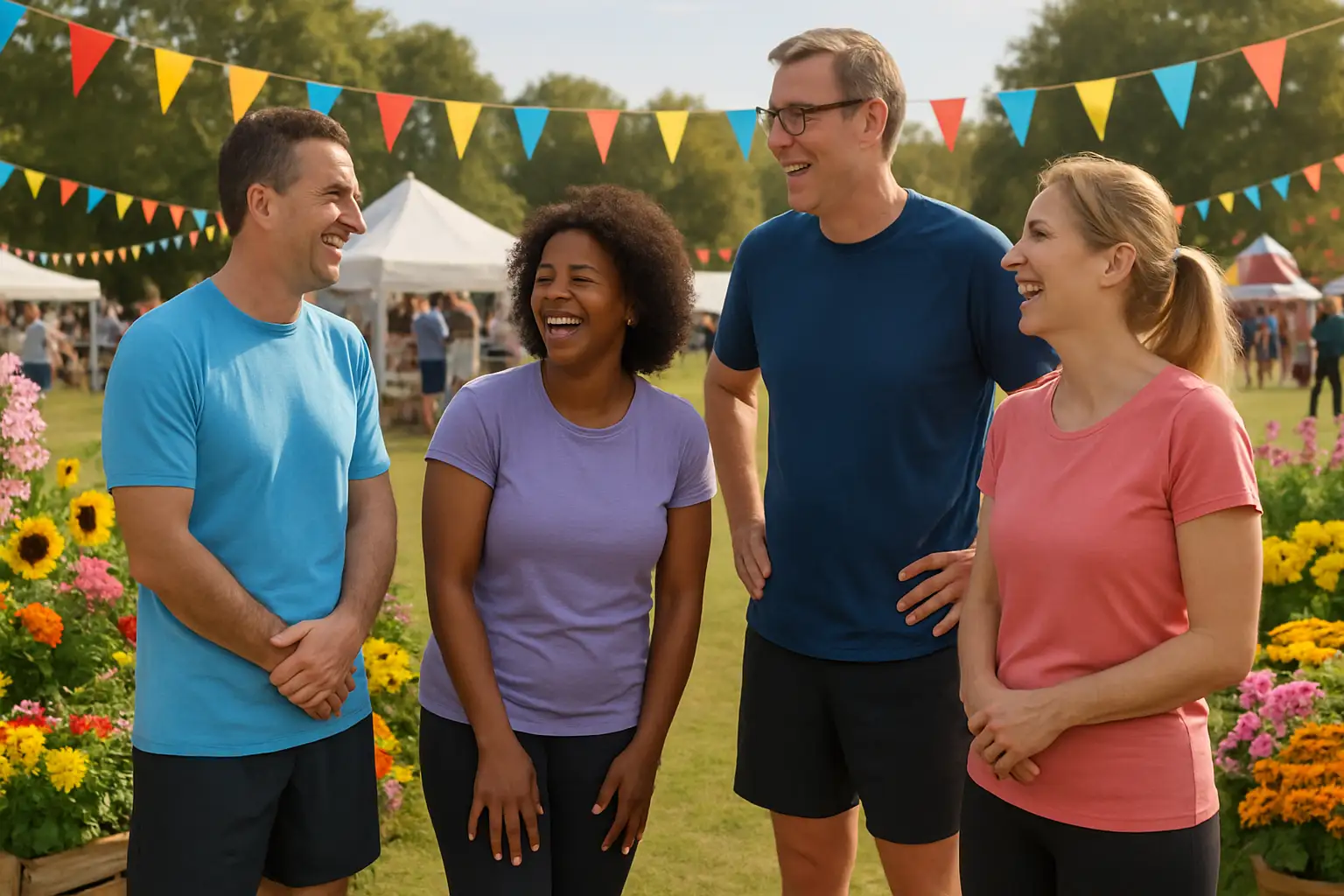Badminton players socializing outdoors at a community event with colorful flowers in the background