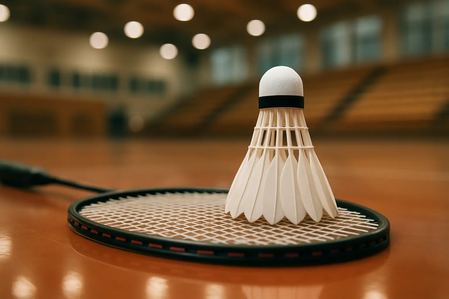 Badminton shuttlecock and racket on a court inside a sports hall with institutional banners in the background