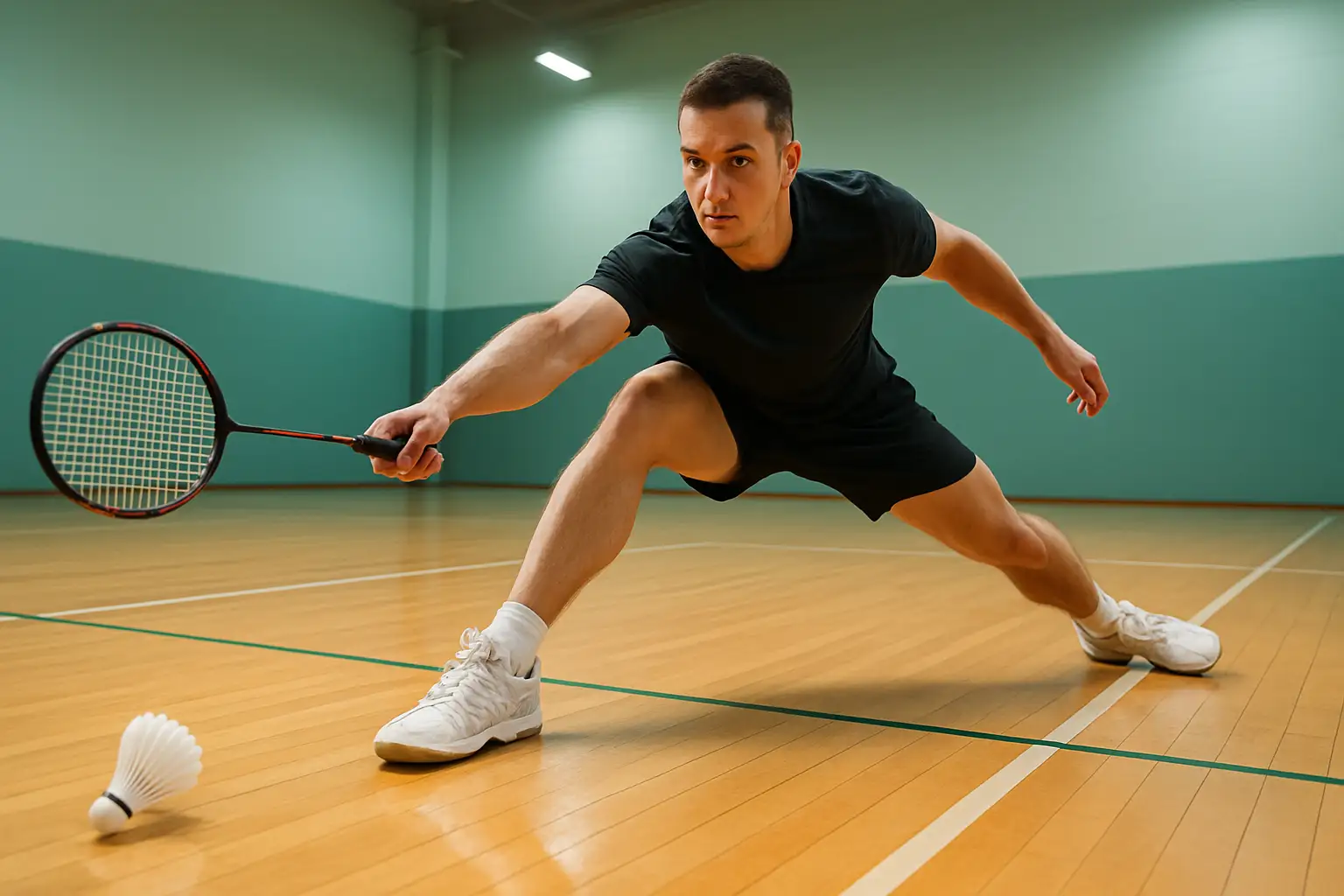 A badminton player mid-stride reaching for a shuttle on an indoor court