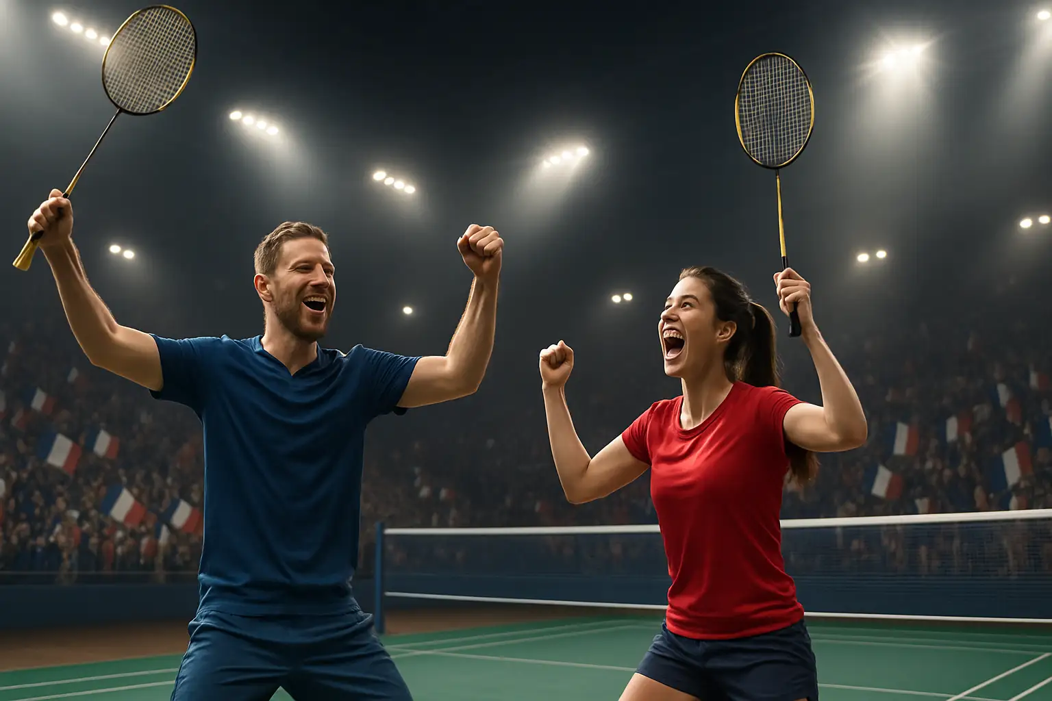 French badminton players celebrating a world championship victory on court
