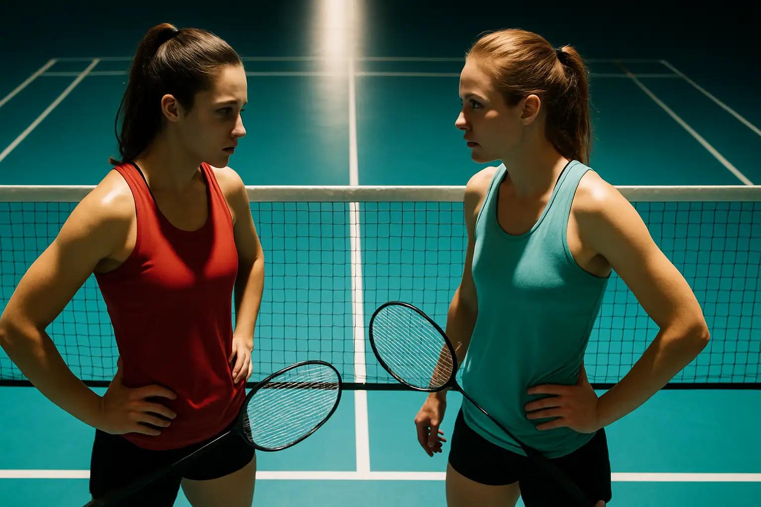 Two female badminton players competing on an indoor court under bright stadium lights