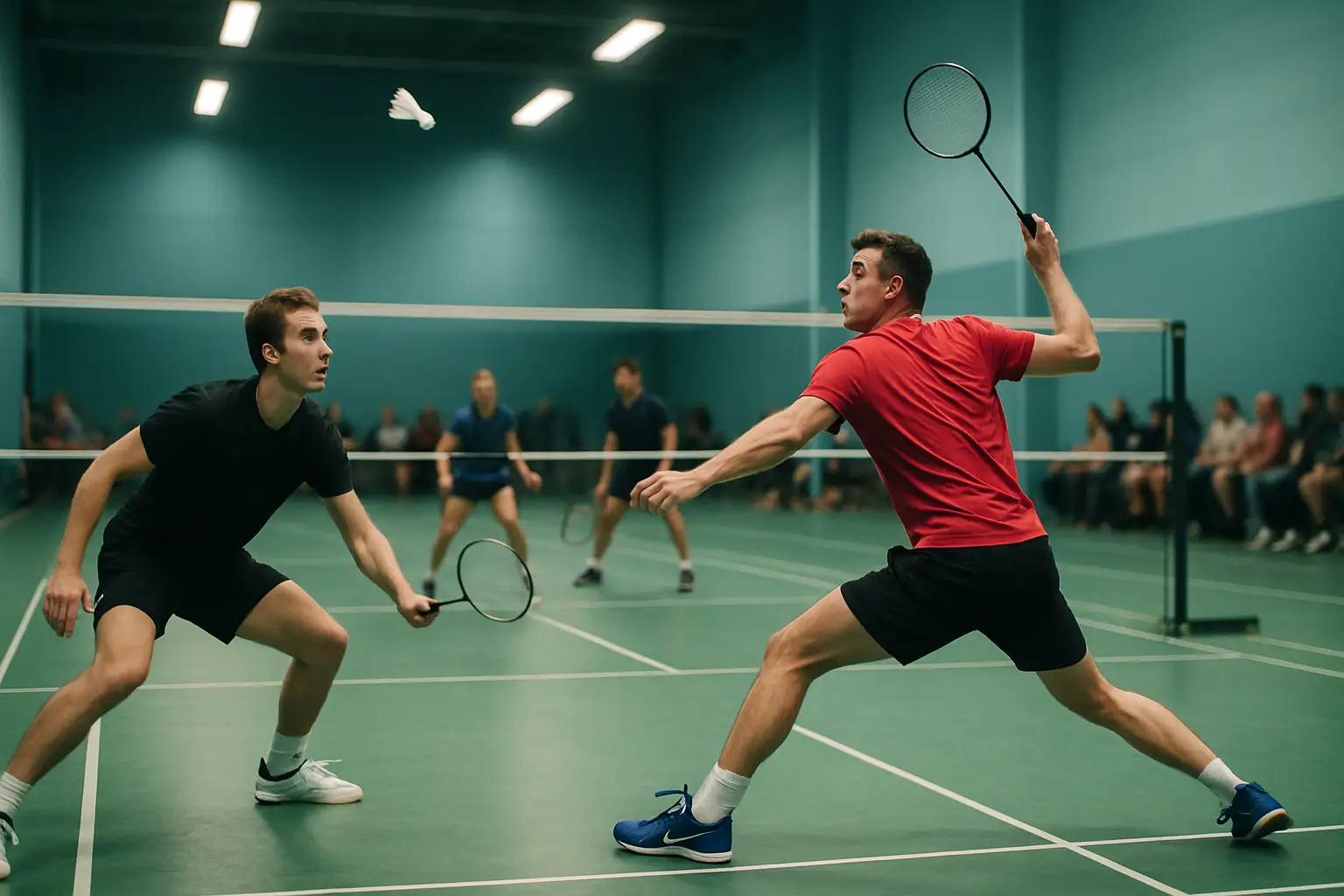 Badminton players competing at an indoor invitational tournament in the Greater Bay Area
