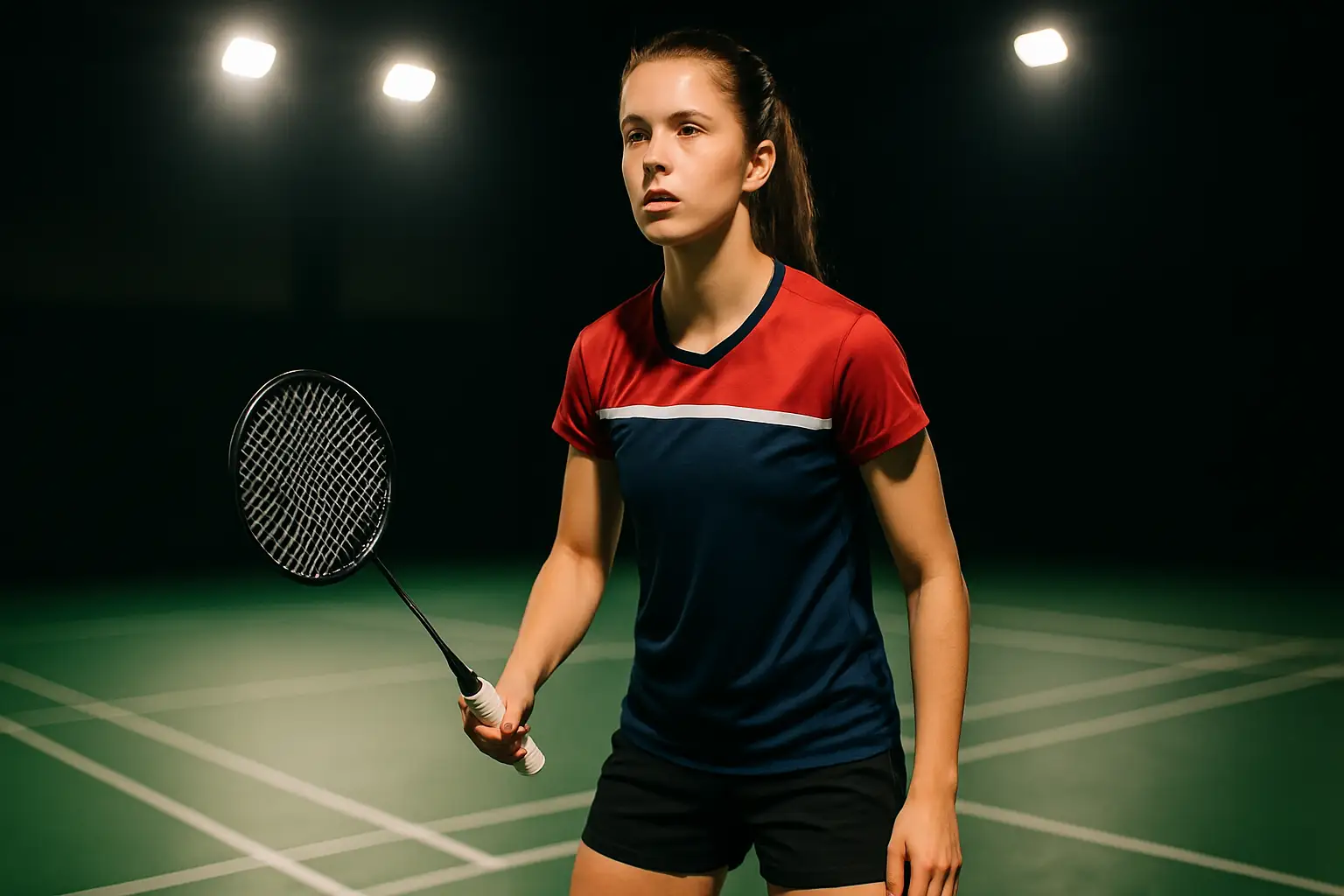 A female badminton player preparing to serve on an indoor court under bright stadium lights