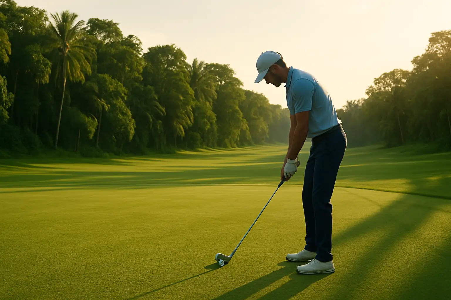 Golfer preparing to swing on a lush green fairway with a clear sky overhead