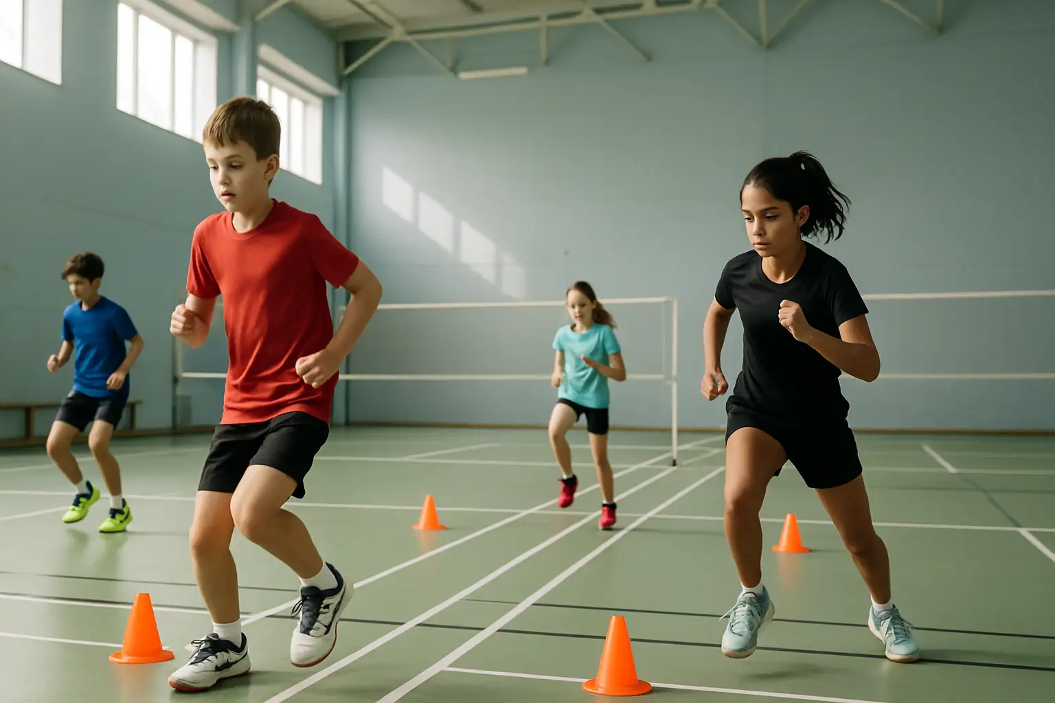 Young badminton players training on an indoor court in a small-town facility