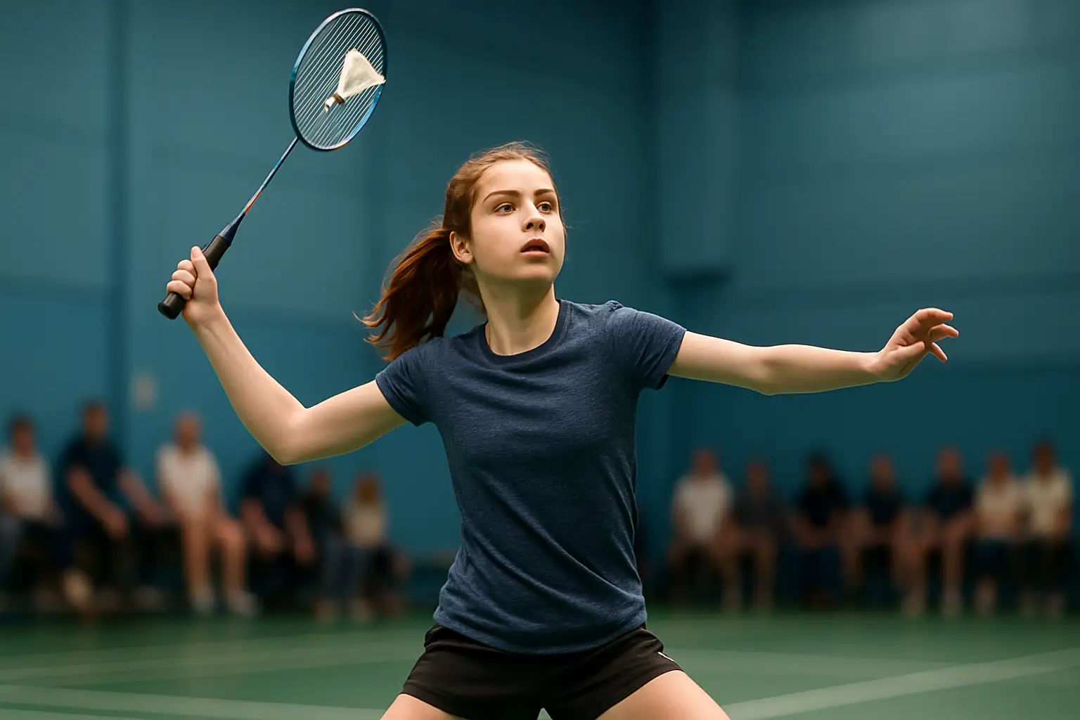 Young badminton player mid-swing on an indoor court during a sub-junior tournament