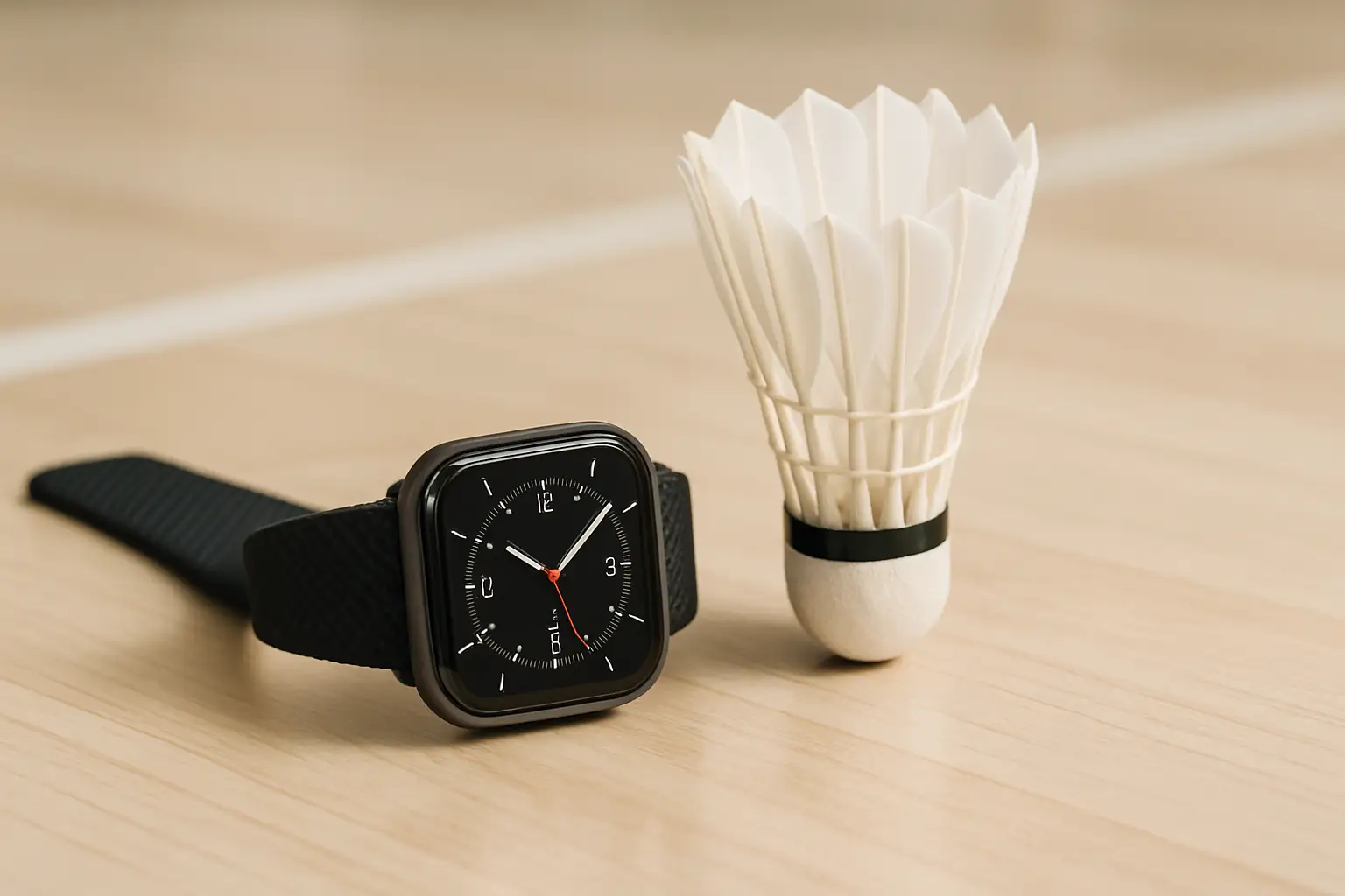 A smartwatch displaying a badminton tracking mode on its screen, placed beside a badminton shuttlecock on a wooden court surface