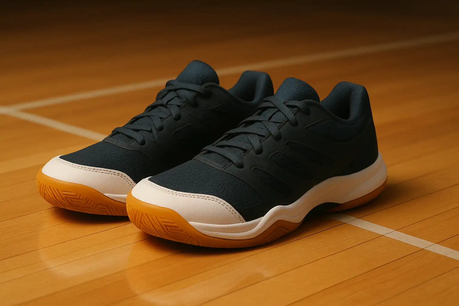 A pair of white and blue badminton court shoes on a polished wooden indoor court