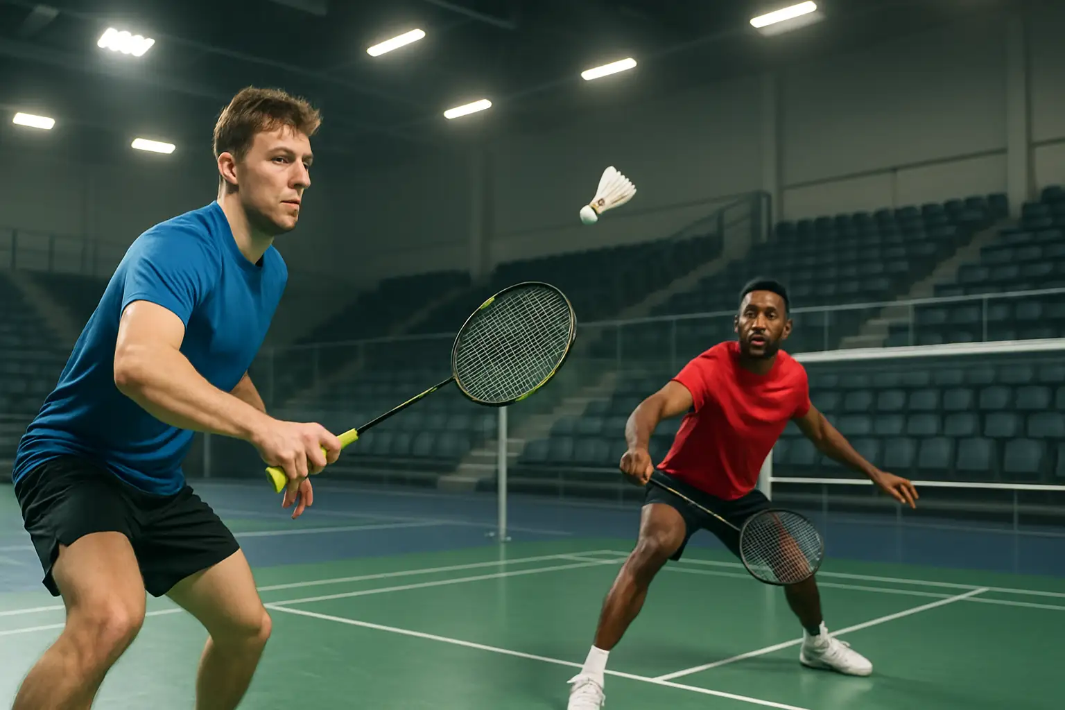Badminton players competing in an indoor sports hall during a summer tournament in Kuwait
