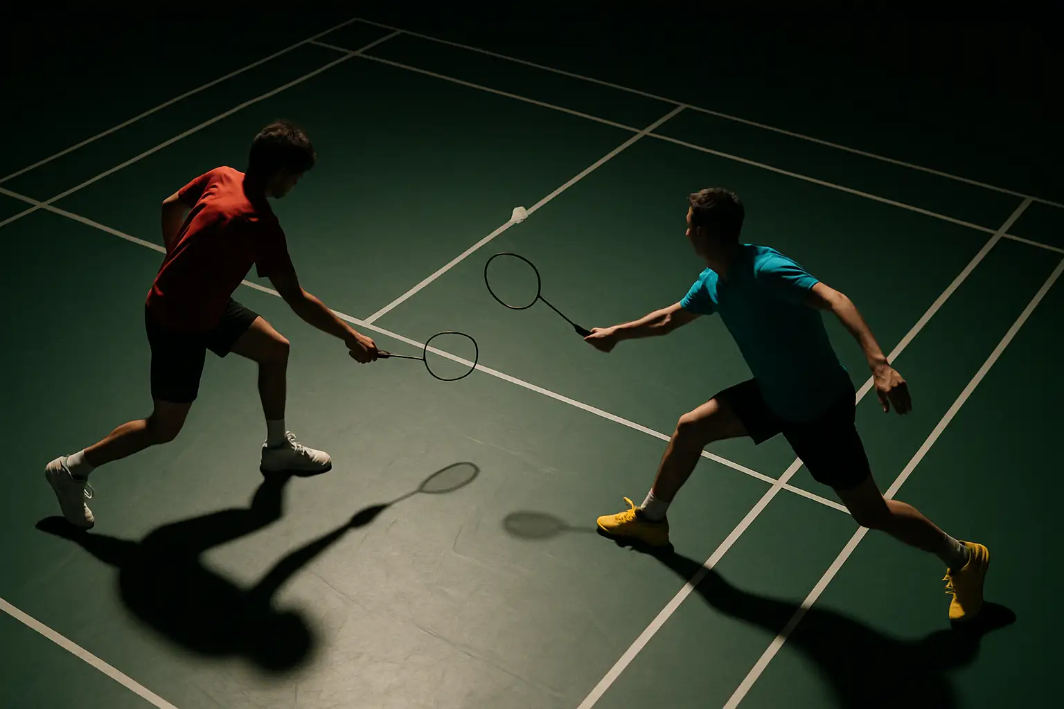 Badminton players competing in an indoor court at a professional association tournament