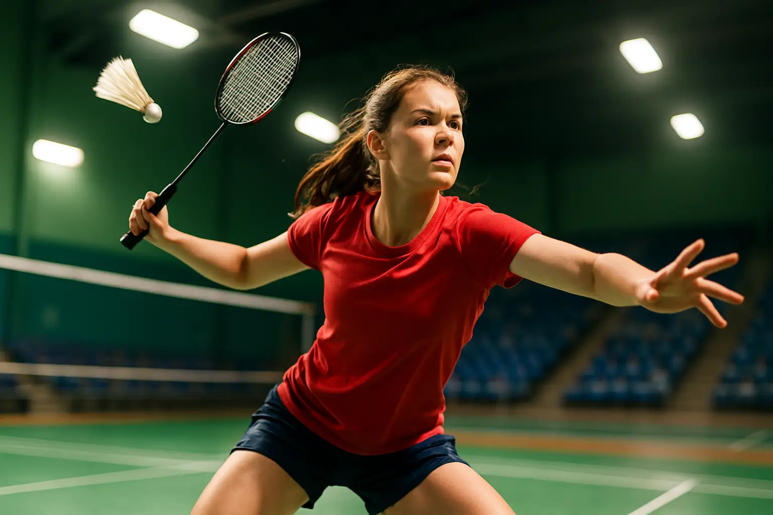 A young female badminton player mid-swing on an indoor court with spectators in the background
