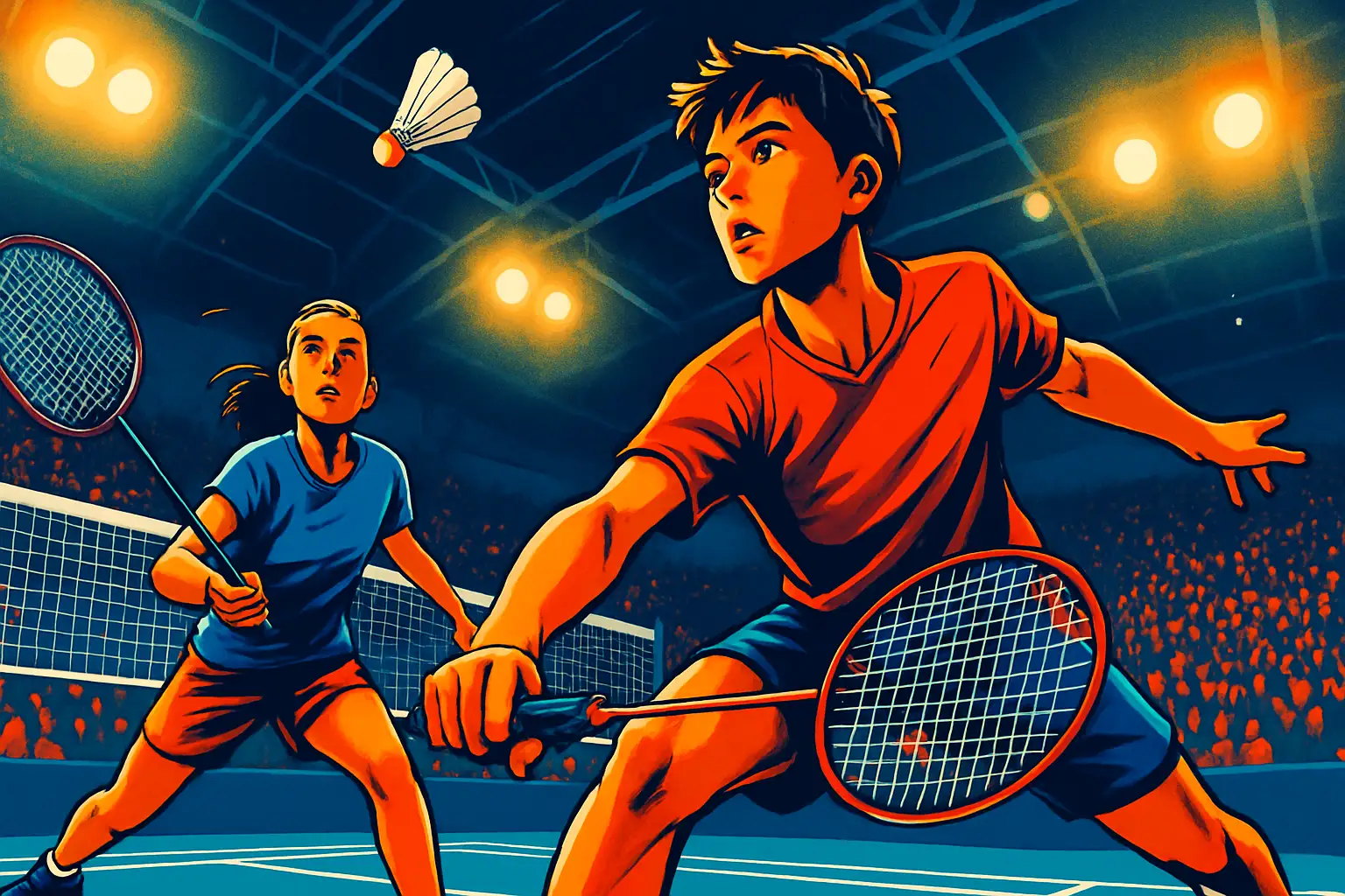 Junior badminton players competing in a team championship match in an indoor arena