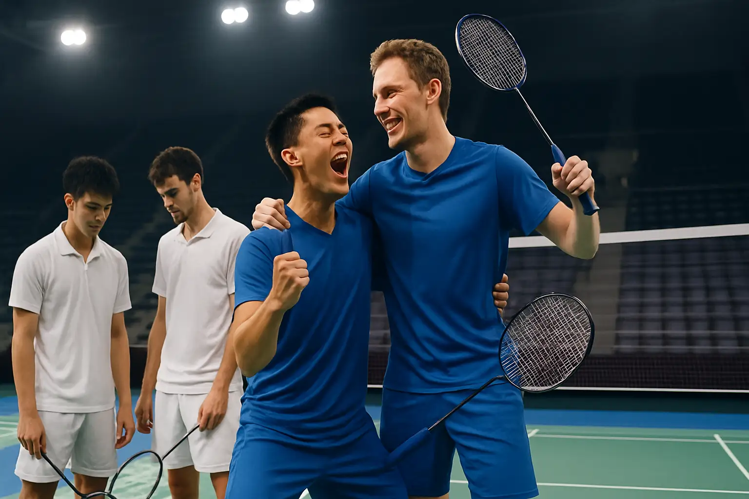 Indian badminton players standing on court after a Thomas Cup semi-final defeat