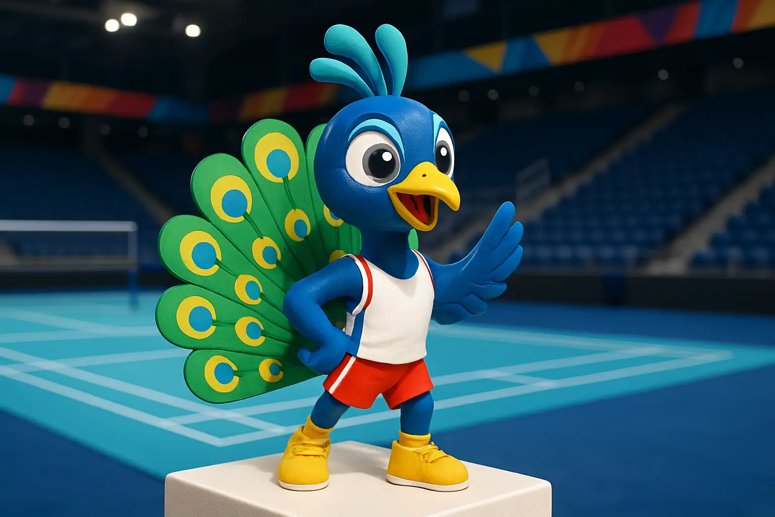 Colorful peacock-inspired sports mascot representing the BWF World Championships in India