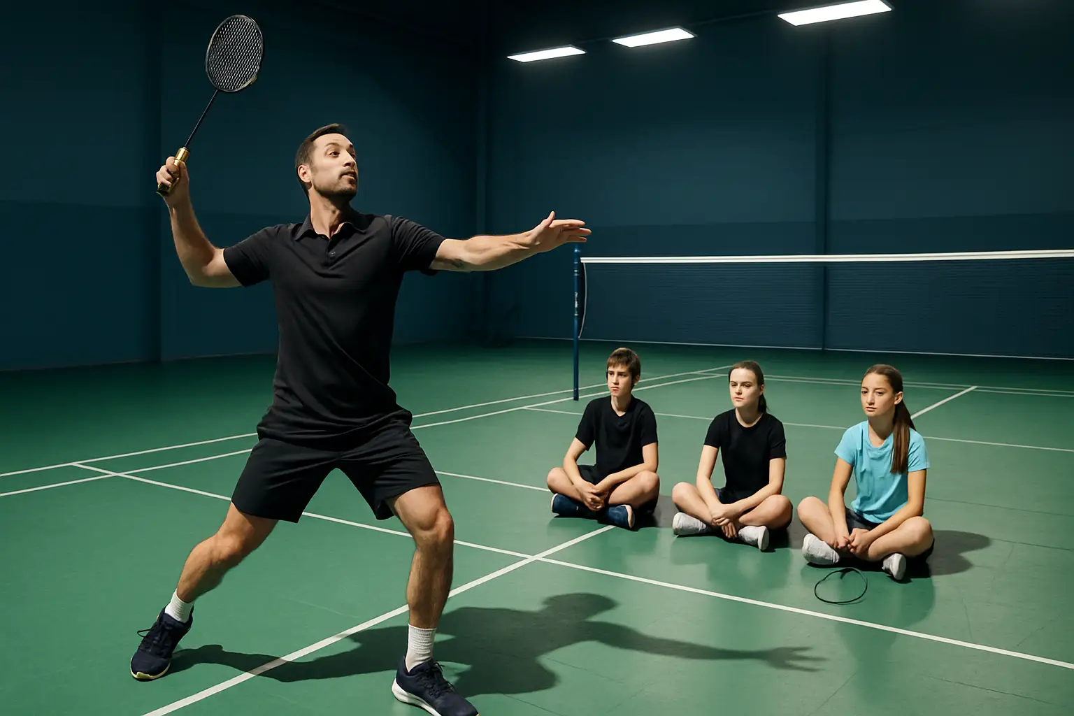 Badminton coach demonstrating a smash technique to a group of young players on an indoor court
