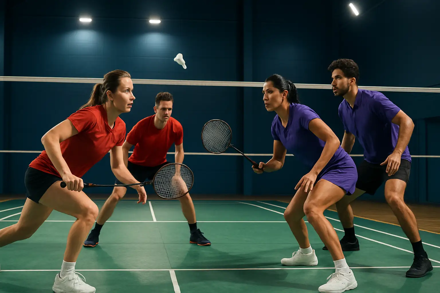 Two badminton doubles pairs facing off across the net in an intense rally during a competitive match