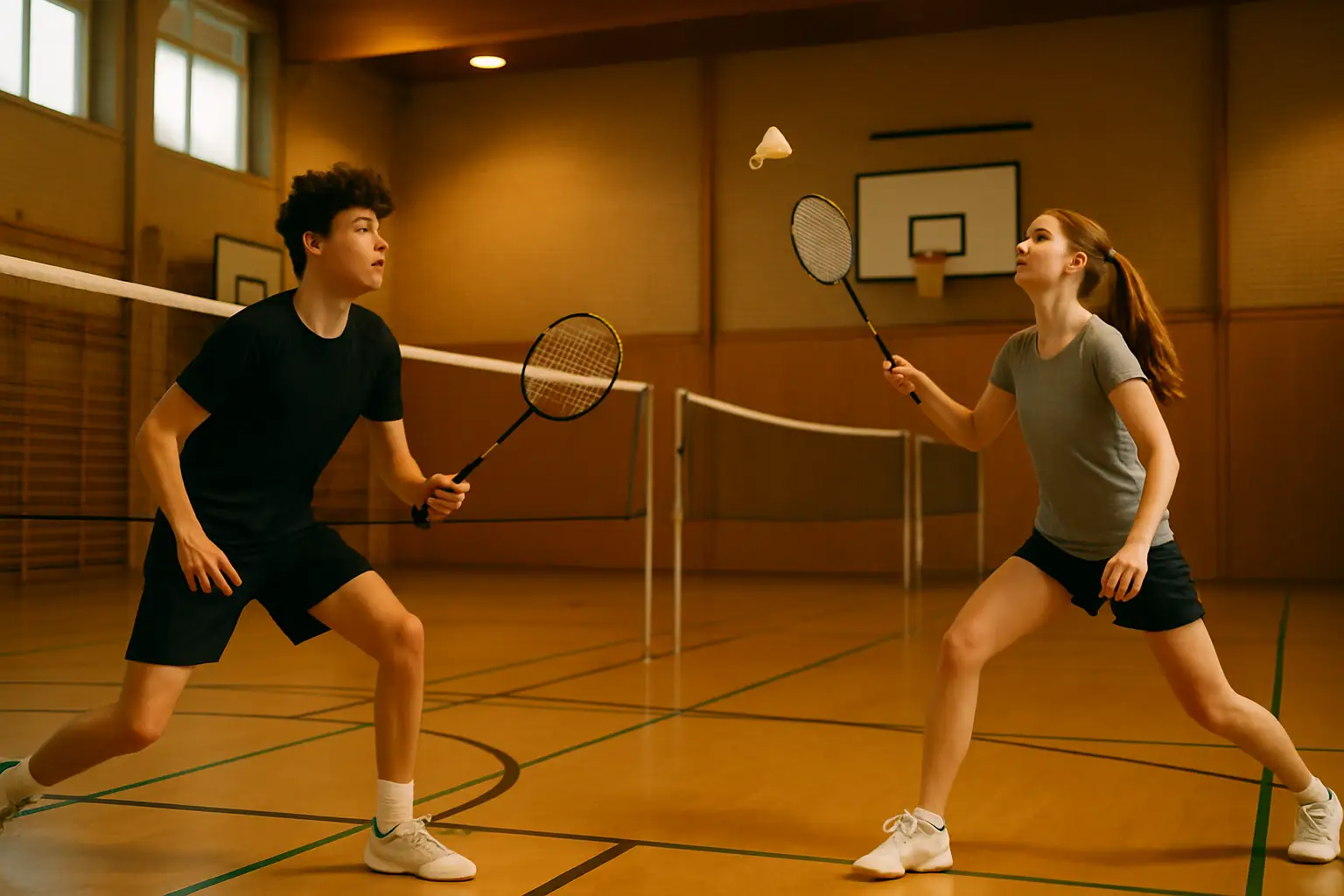 Young students competing in a school badminton tournament on an indoor court