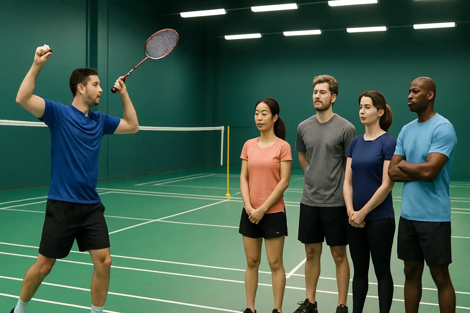 A badminton coach demonstrating a technique to a group of coaches on an indoor court