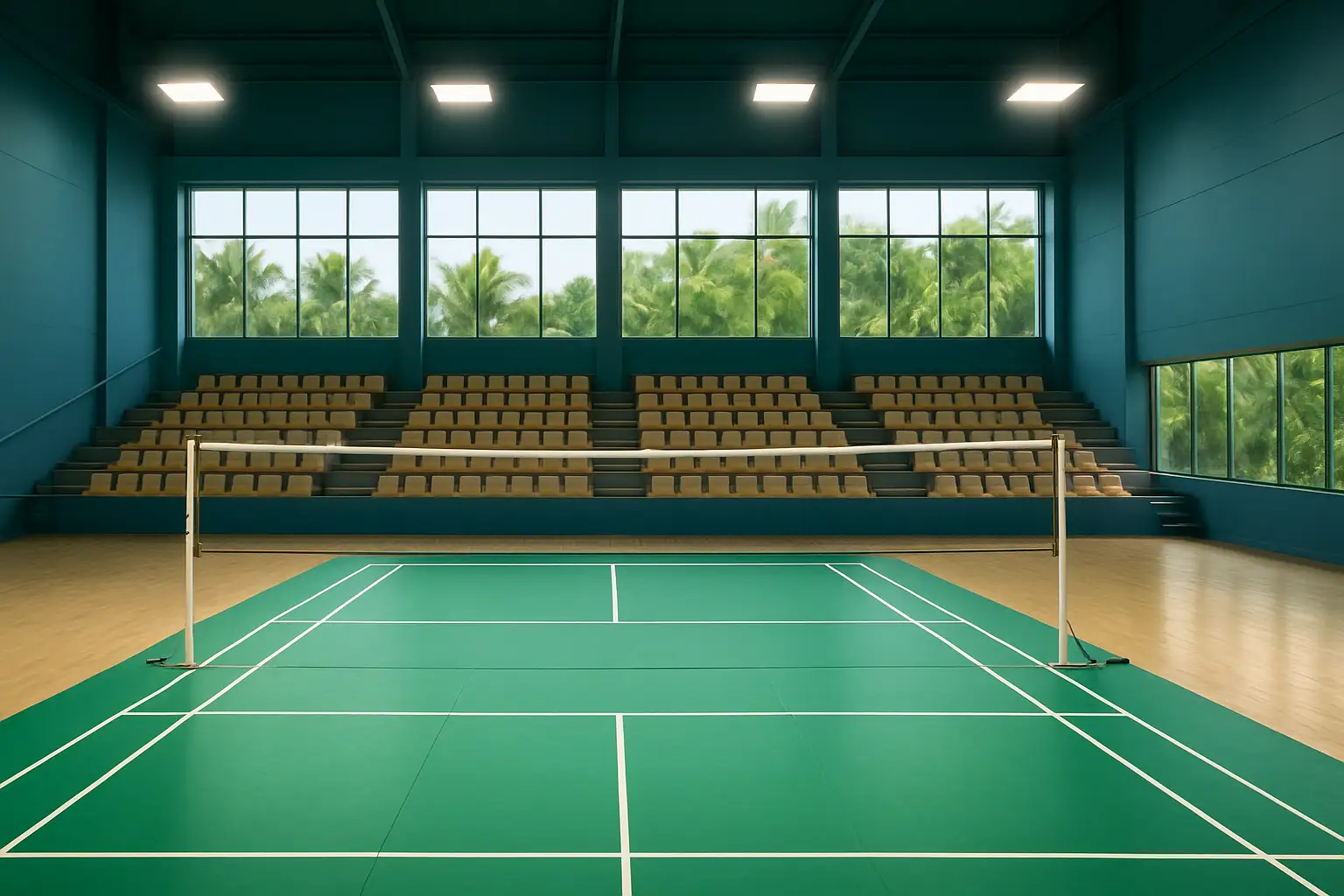 Badminton court set up in a Pacific island venue ready for international competition