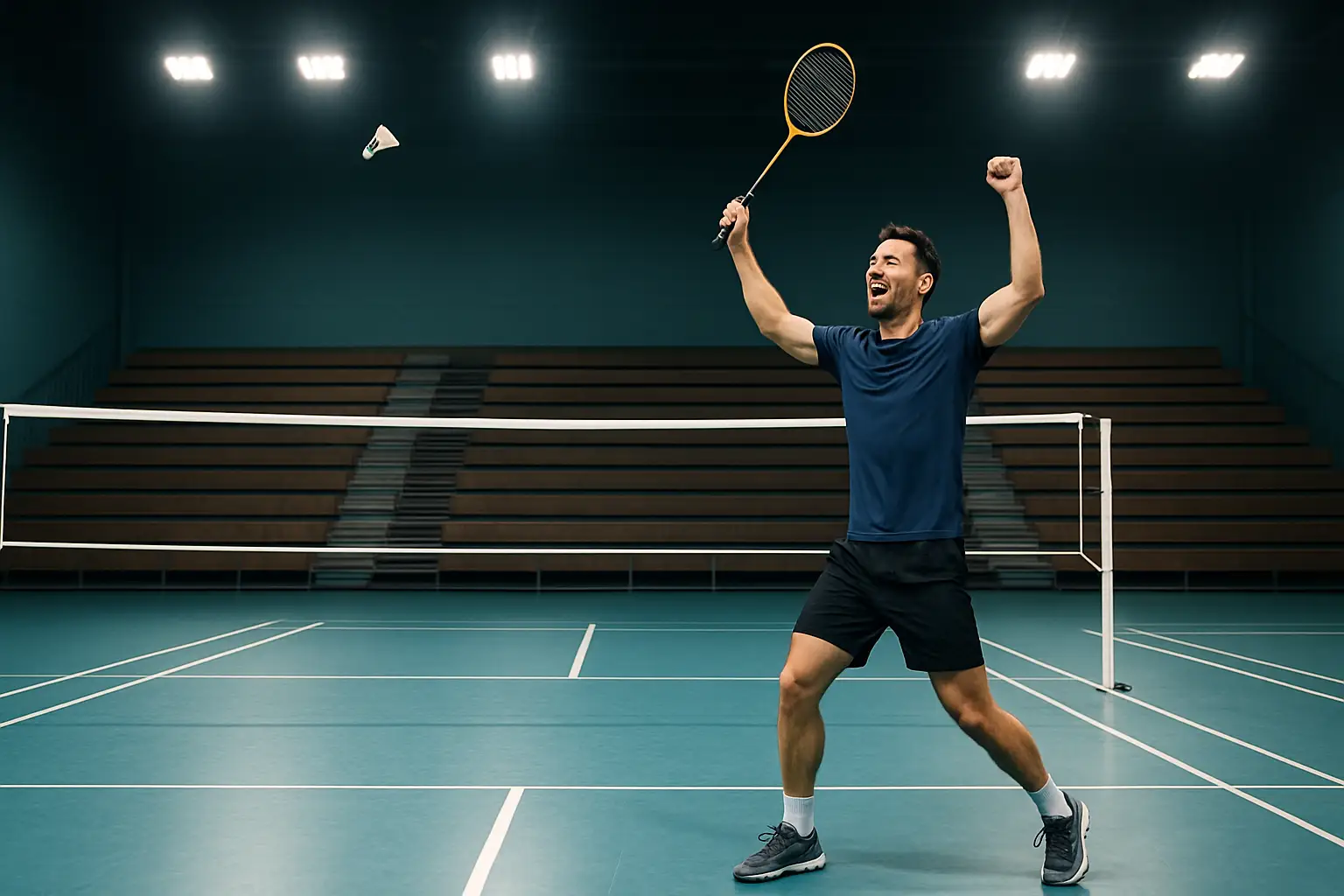 A badminton player celebrating a championship win on an indoor court with a racket raised