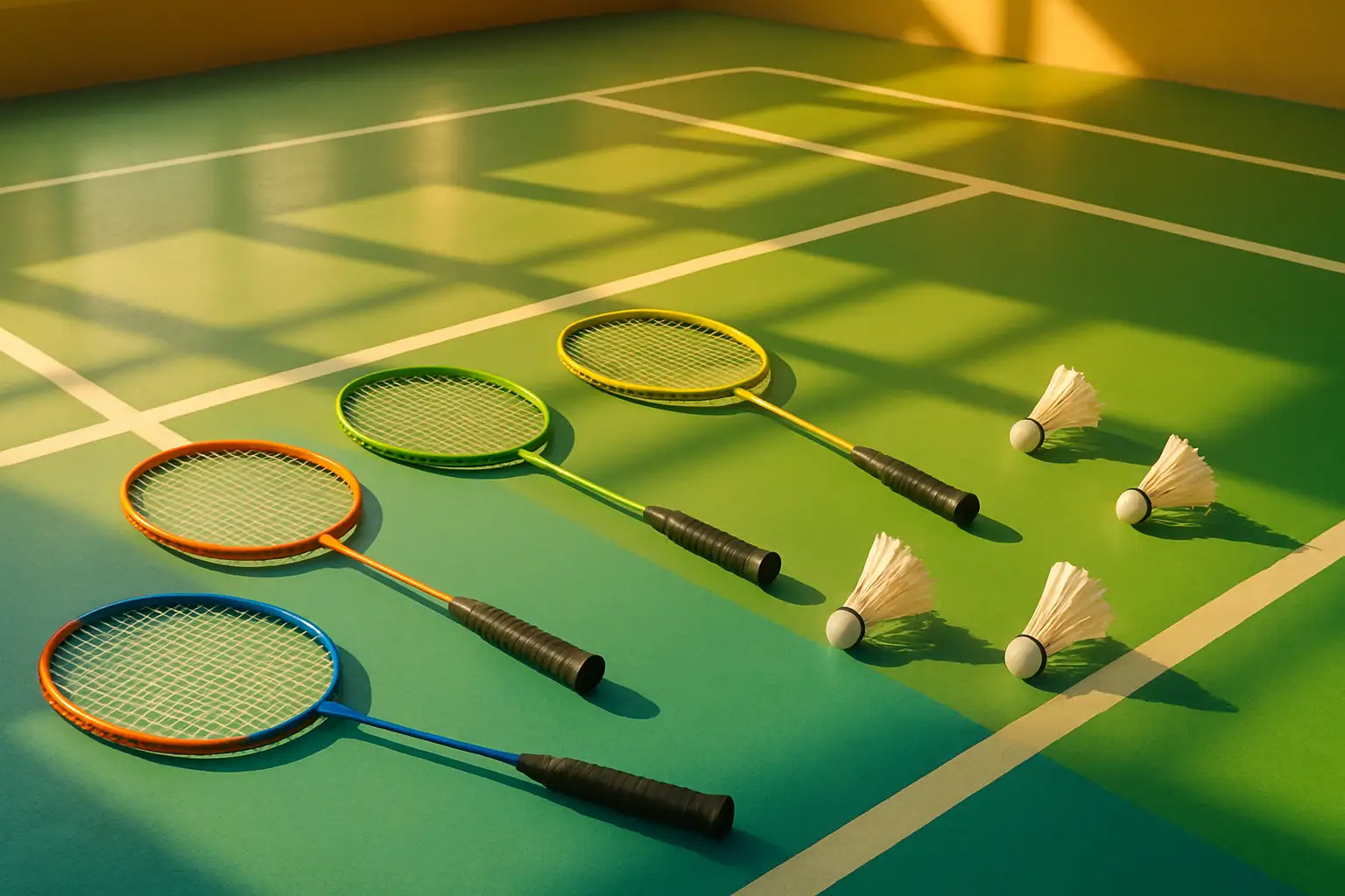 Badminton rackets and shuttlecocks laid out on a community sports court in Nigeria
