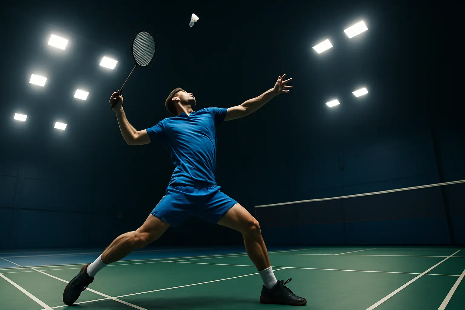 Indian badminton player mid-smash during a competitive match at an international tournament