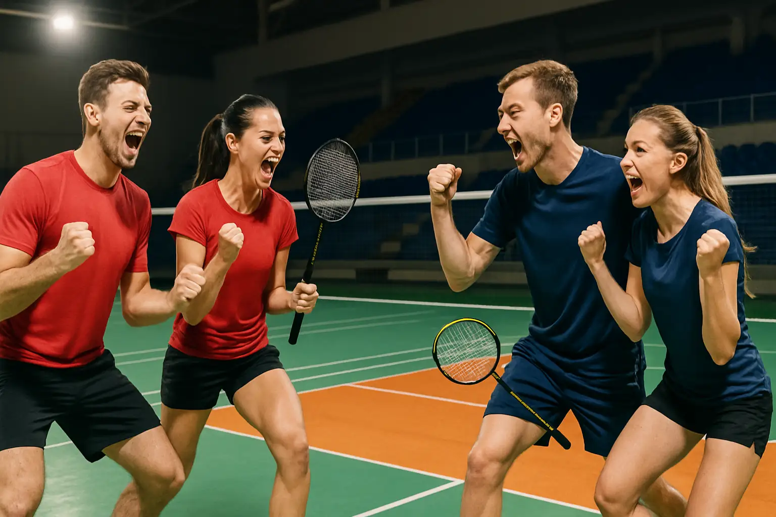 Two Malaysian badminton doubles pairs on court at an international tournament, rackets raised in celebration