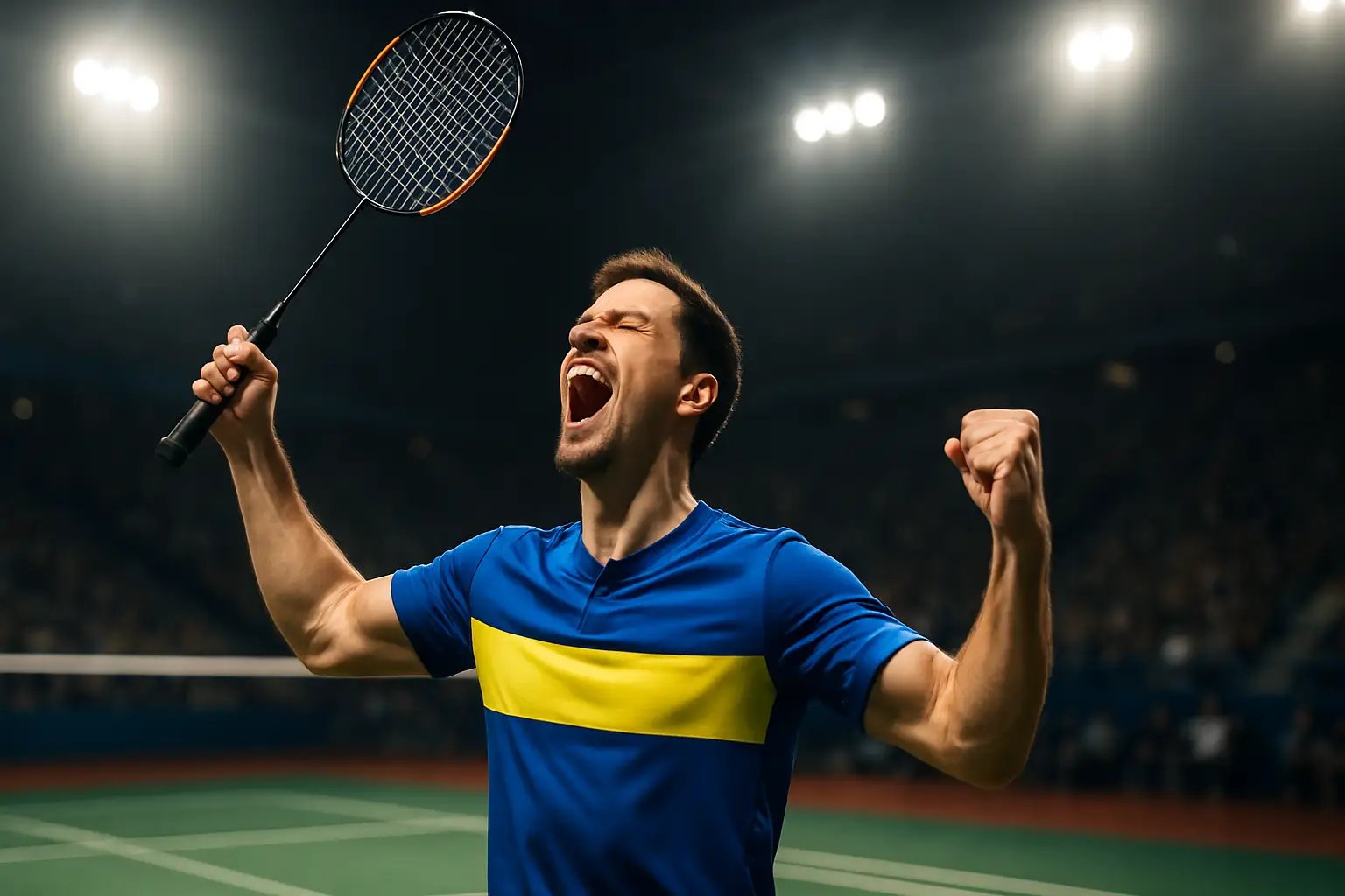 Malaysian badminton player celebrating a surprise win at the Japan Open