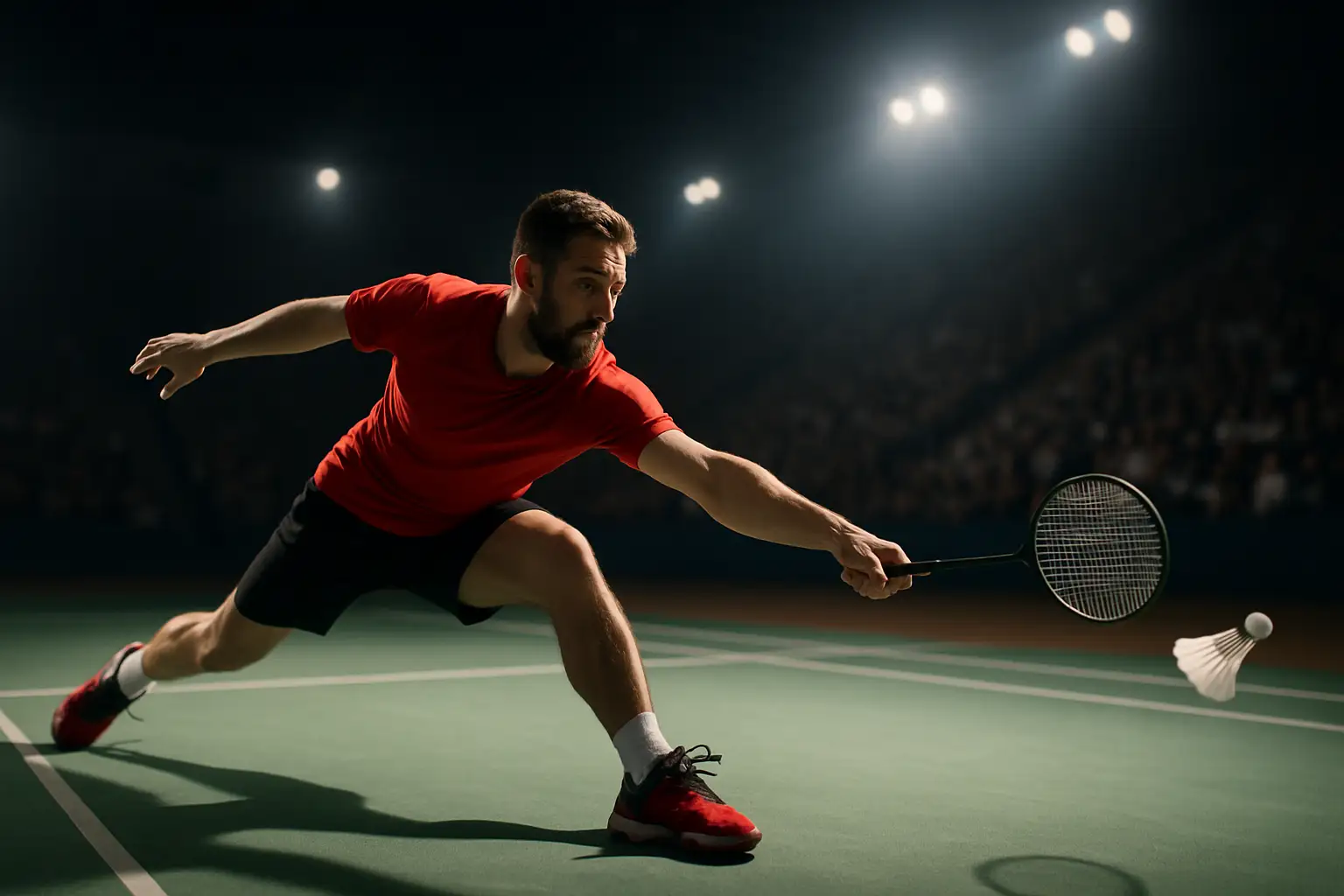 A badminton player lunging to return a shuttlecock on an indoor court during a competitive match