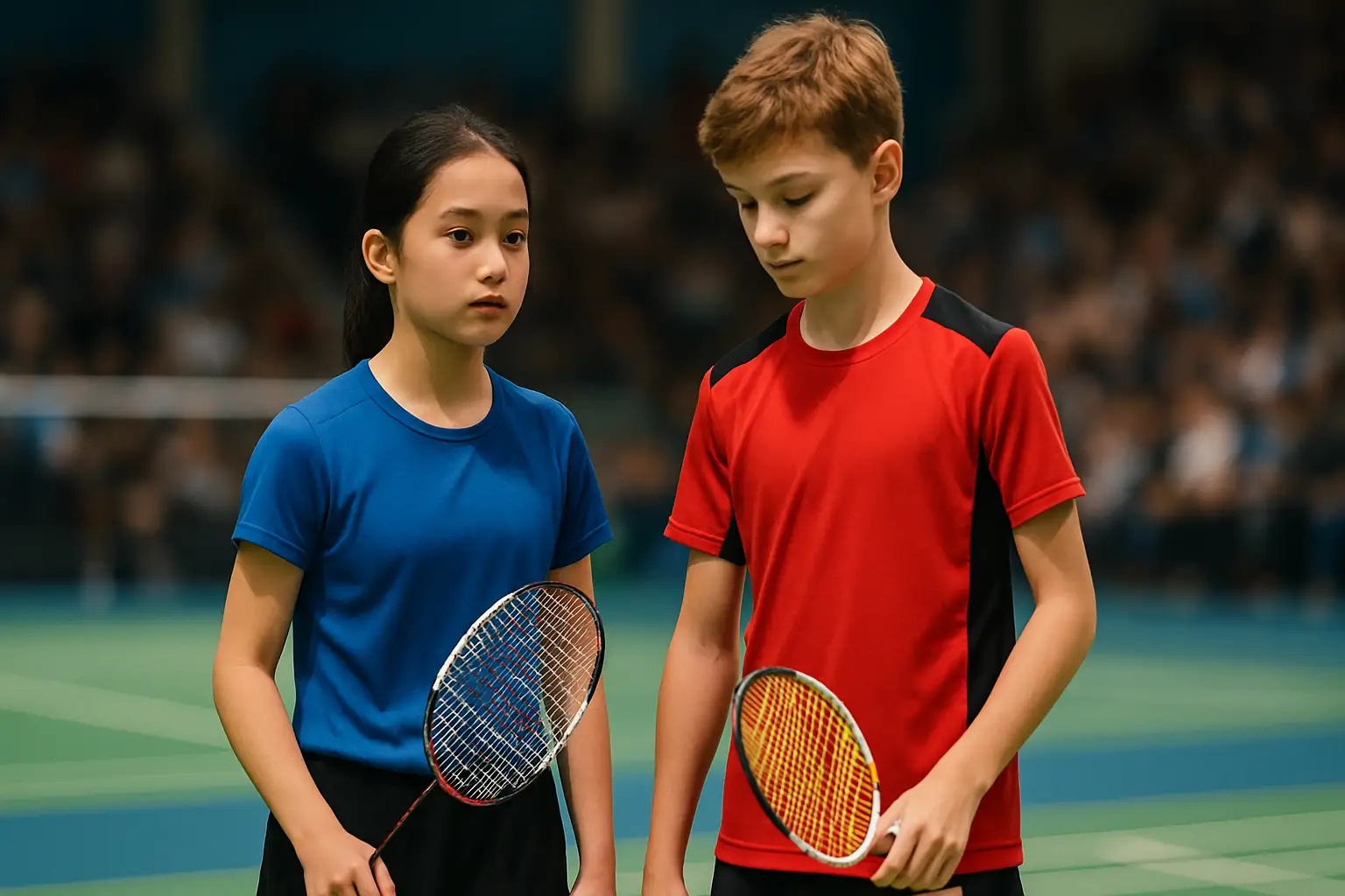 Two badminton players celebrating a win on a professional indoor court