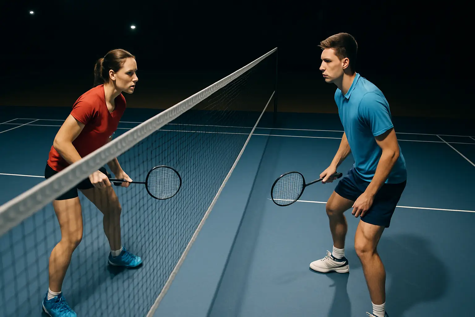 Two badminton players on a brightly lit indoor court during a tense semi-final match