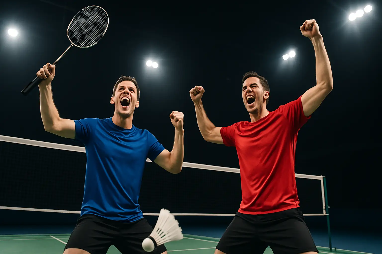 Two badminton doubles players celebrating a championship win on court