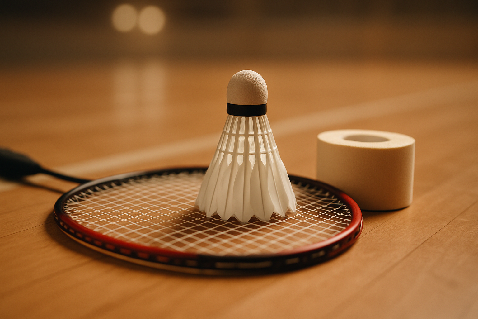 A badminton racket and shuttlecock resting on a court beside a sports medicine tape roll, symbolising injury and recovery