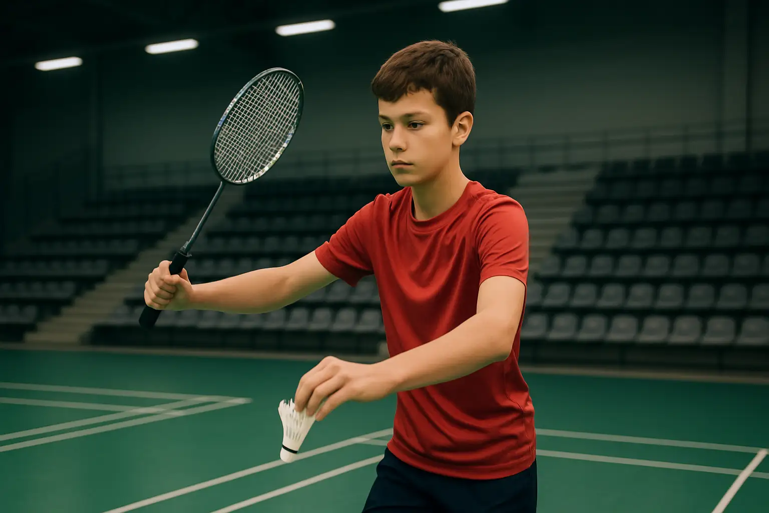Badminton player preparing to serve during a regional ranking tournament
