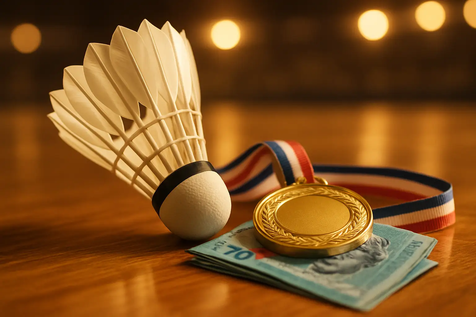 A badminton shuttlecock resting on a court beside a gold medal and Malaysian currency notes