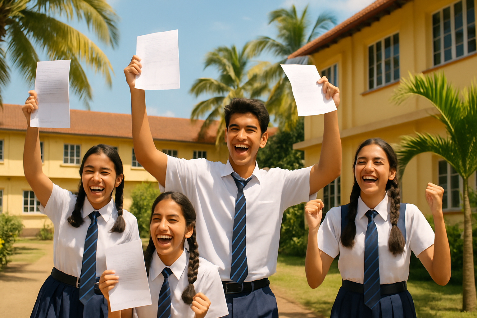 Students celebrating their STPM examination results outside a school in Malaysia