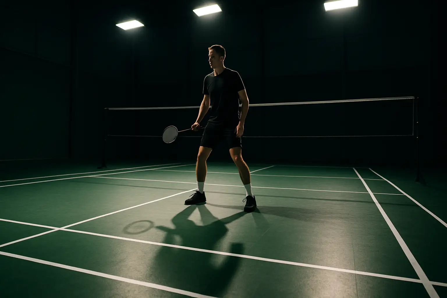 A badminton player preparing to serve on an indoor court with bright overhead lighting